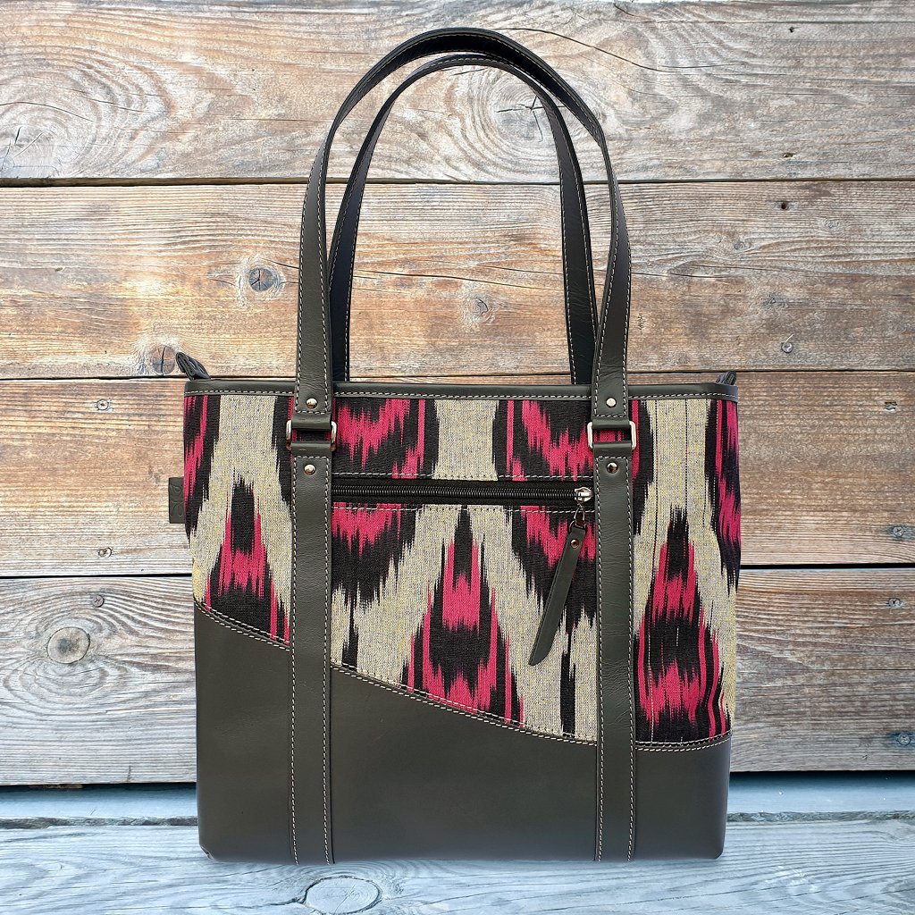 Leather Ikat Handbag Hand Fairmade In Kyrgyzstan By Siro Leather Ikat Handbag Hand Fairmade